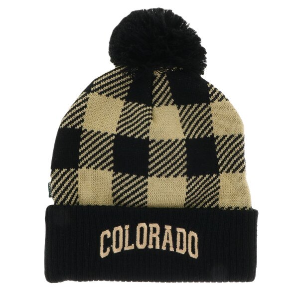 A black and gold checkered beanie with a black cuff and pom pom. "Colorado" is embroidered in gold thread across the center front of the cuff.